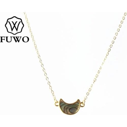 FUWO Natural Abalone Shell Crescent Necklace With Gold Trimmed High Quality Brass Chain Seashell Jewelry Wholesale NC517