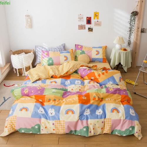 Bedding Set Cotton Cartoon Style Rabbit and Rainbow Printed Bed Linen Set Queen Size Duvet Cover Bed Sheet and Pillowcase Cotton