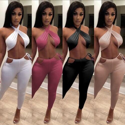 Spring Summer Two Piece Set Women Skinny Solid Breast Wrap Pants Suits Fashion birthday Club Outfits Streetwear Wholesale Items