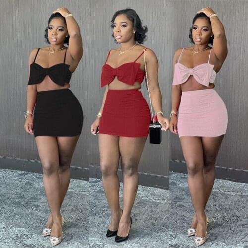Echoine Summer Ribbed Bow Bra Crop Top Mini Skirt Set Skinny Sexy Bodycon Fitness Party Clubwear Two Piece Set Women Plus Size