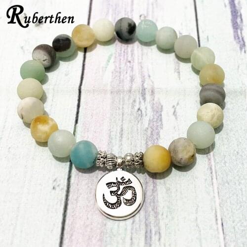 Ruberthen 8 mm Matte Amazonite Bracelet Women`s Ohm Charm MeditationYoga Baracelet Trendy Mala Beads Energy Jewelry