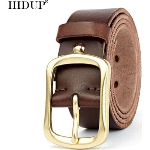 HIDUP Mens Gold Brass Clasp Buckle Cowskin Belts Clothing Accessories Top Quality Solid Cowhide Leather Belt for Men NWJ763