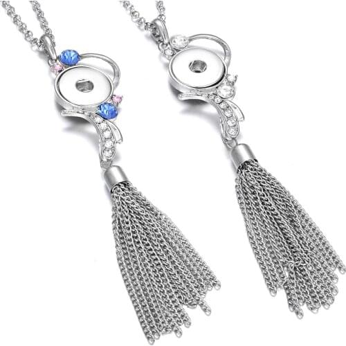 New Snap Buttons Jewelry Tassel Necklace Rhinestone Flower 18mm Snap Button Pendant Necklace Women Pendants Necklaces