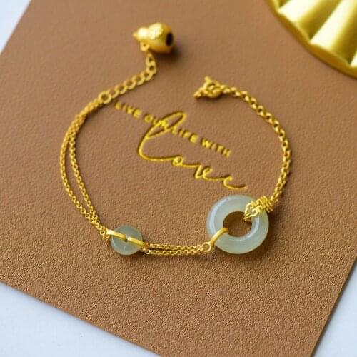 New inlaid natural Hetian Chalcedony Fulu gourd Bracelet Chinese style retro craft gold charm light luxury womens jewelry