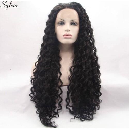 Sylvia Natural Black Color Long Loose Wave Wig Heat Resistant Fiber Hair Synthetic Lace Front Wigs For Women
