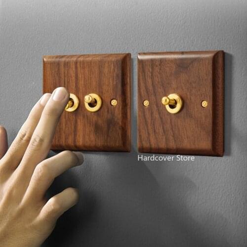 1-4 Gang 2 Way Black Walnut Solid Wood Retro Toggle Switch Brass Lever Wall Lamp Switch Personality Creative