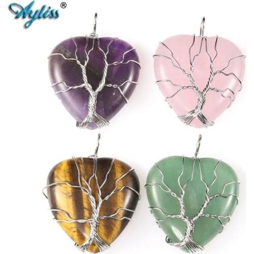 Ayliss Natural Stone Pendant Tree of Life Wire Wrapped Pendant Chakra Reiki Healing Crystal Pink Quartz Heart Pendant Necklace