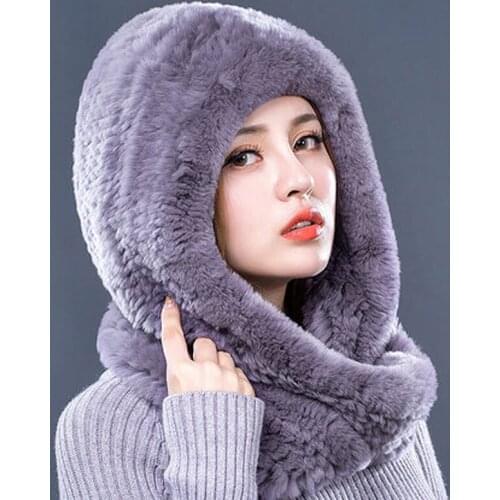 QUEENAWEET Real Fur Shawl Knit Rex Rabbit Fur Poncho With Hooded Rabbit fur knitted scarf shawl Children Lady