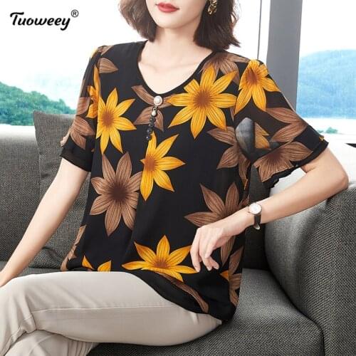 Casual Summer Ladies Female Women short Sleeve Fashion Floral Print Chiffon Blouse Shirt Loose Buttons Tops Tee Blusas Pullover