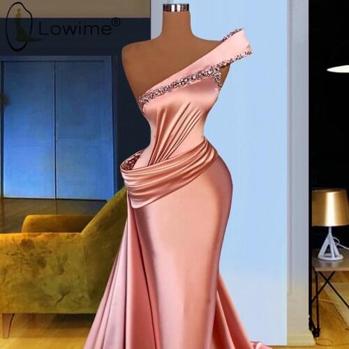 Pink One Shoulder Mermaid Satin Evening Dresses Beads Pearls Long Ruched Prom Gowns Dresses for Women 2021 Party