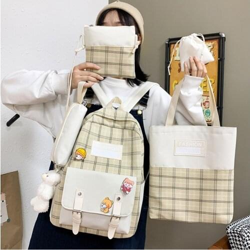 4 PCS Set Backpack Kawaii Canvas School Bags For Teenager Girls Women Plaid Backpack College Cute School Shoulder Bag Mochila