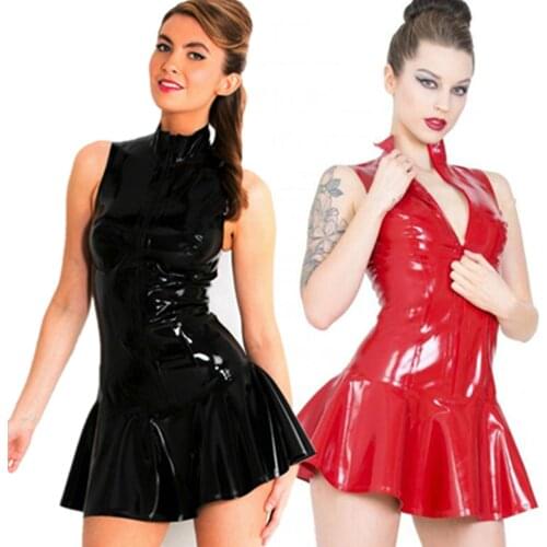 S-5XL Plus Size Sleeveless Turtleneck Pleated Dress Vestidos Zipper PU Latex Leather Dress Pole Dance Clubwear