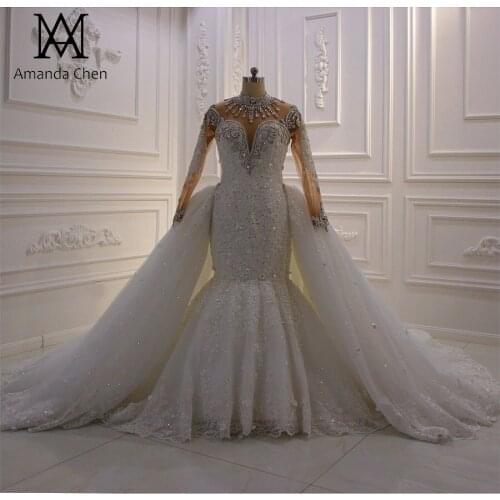 Amanada Novias Long Sleeve Mermaid Crystal Wedding Dress with Detachable Skirt