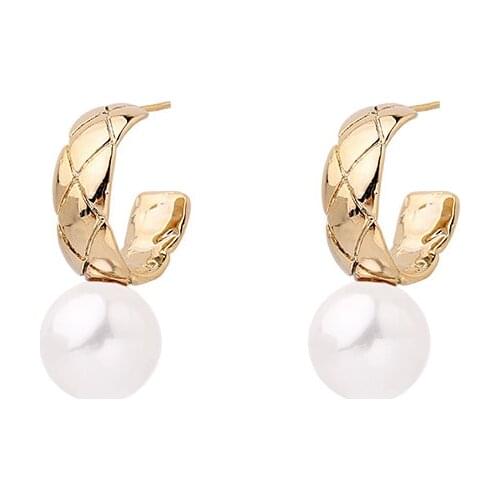 TIMEONLY Classic Lattice C Shape Alloy Dangle Earring Simulation Pearl Elegant Earrings for Women Girls Sweet Jewellery Wedding