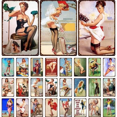 Pin Up Girl Plaque Vintage Metal Tin Sign Sexy Girl Decorative Plates Wall Poster for Bar Cafe Pub Home Decor Iron Painting