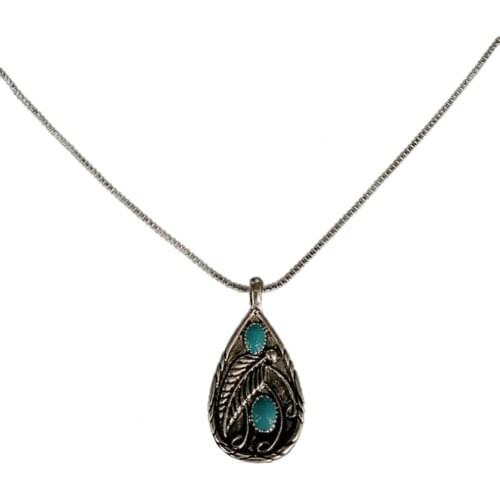 Vintage Unisex Sweater Necklace Alloy Necklace Turquoises Stone Leaf Water Drop Pendant Necklace for Gifts