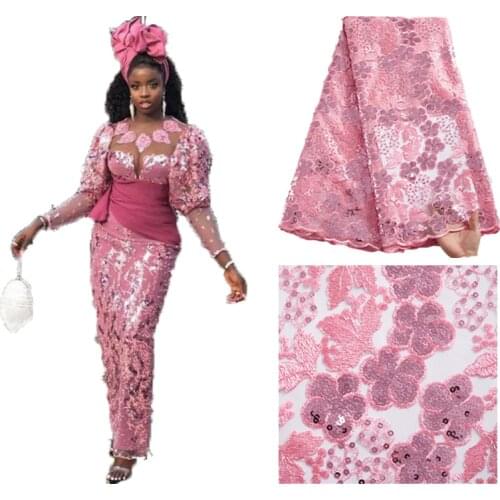 Zhenguiru New Hight Quality Pink African Lace Fabric Sequined Mesh French Tulle Lace Nigeria Fabric For Women Wedding DressA2366