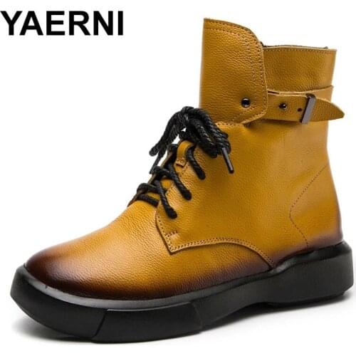 YAERNI 2021New Women Boots Genuine Leather Autumn Winter Martin Boots Women Fashion Platform Ankle Shoes Woman Short Boots
