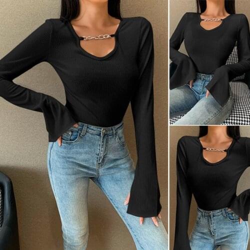 Womens Solid Color V-Neck Pullover Tops Temperament Commuter Slim Long Sleeve T-Shirt Black