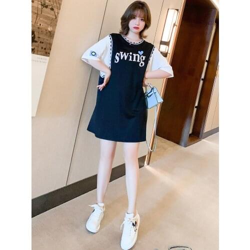 High quality Contrast color stripe letters loose thread lace T-shirt new women summer dress