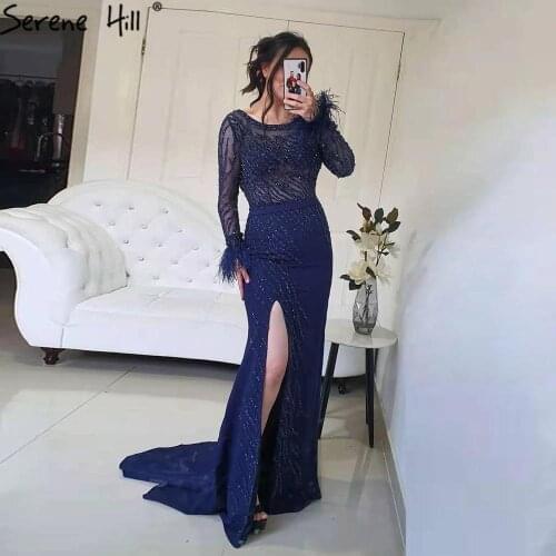 Serene Hill Luxury Muslim Navy Blue Evening Dresses Gowns 2021 Elegant Meramaid Beading Feathers For Women Party CLA70978