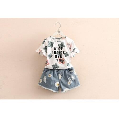 2021 Flower Girls t-shirt +Denim Short Summer New Style Kids suit Casual Clothes Suit Girls Sets 29