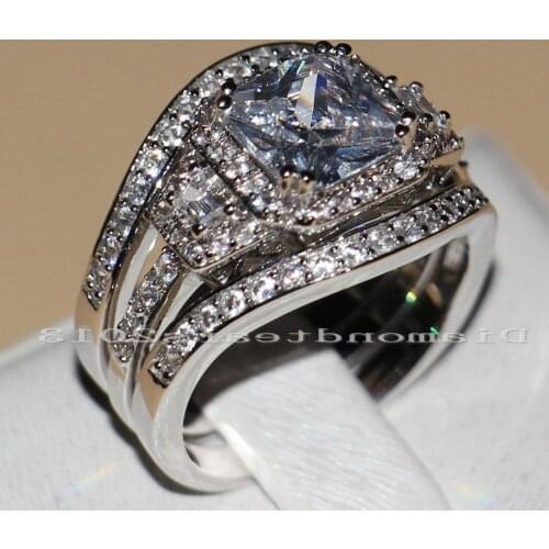 Size 5-10 Princess Cut Vintage Jewelry 14kt white gold filled Simulated stones CZ 3 IN 1 Wedding Engagement Ring for Women set