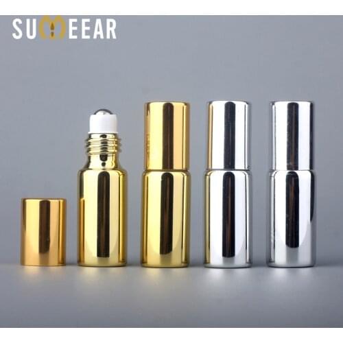 50Pcs/Lot 5ML Portable Essential Oil Bottles Mini Empty Roller Bottles Gold Silver UV Glass Refillable Perfume Bottle for Travel