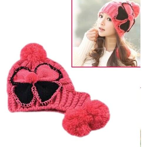 56-58cm Winter Women Korea Warm Kint Hat Hat ear warmer Autumn Baggy Crochet Cotton Blend bow-knot Ski Cap