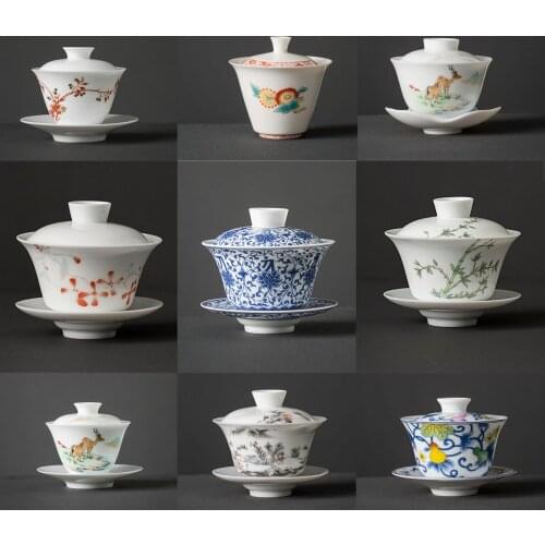 White Ceramic Lidded Bowl Mutton Fat Jade Tea Bowl Hand Painted Blue and White Gaiwan Household Kung Fu Tea Set Tea Maker