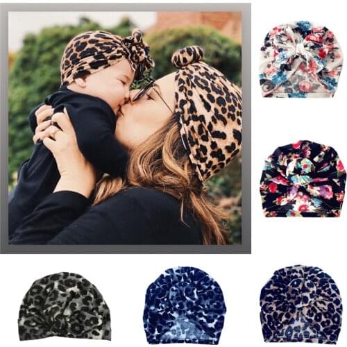 BalleenShiny Baby Cotton Hat Leopard Bowknot Rabbit Ears Children Hat Turban Headwear Head Accessories For Autumn Winter