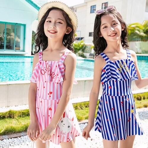 Children Swimsuit New One Piece Swimwear Suspender Striped Sun Block Quick-dry Little Middle Girls Swimming Suit Skirt 2 Colors