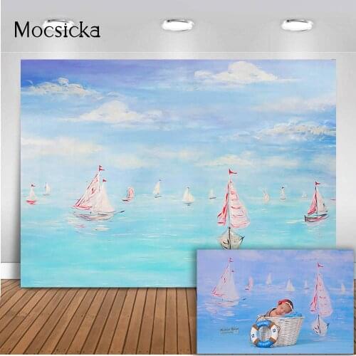 Blue sea and sky backdrop newborn portrait background for photo studio sandy beach blue sea photo backdrops sailboat children