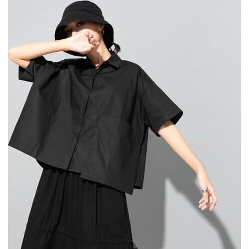 Fashion Irregular Summer T-Shirt Women Blouse Big Pocket Short Sleeved Loose Size Cotton Black Casual Black Tops Tees