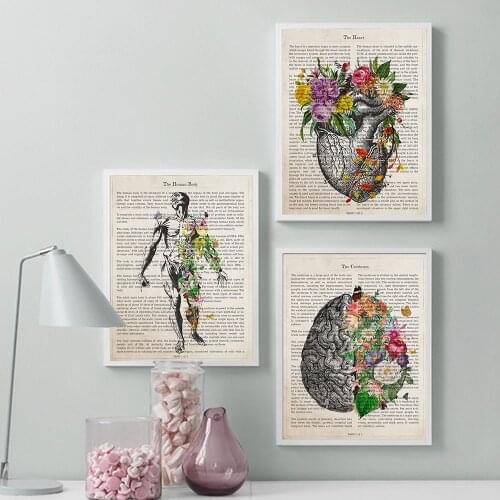 Anatomy Art Canvas Painting Flower Brain Heart Human Body Poster Print Student Education Picture Decoration