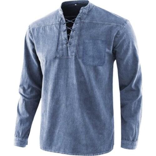 Mens Retro England Style Silk Cotton Long-sleeved Top Medieval Air-eye Tie Collared Mens Jacket Shirt Men Denim Sweetshirts\n