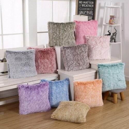 Plush Pillowcase Gradient Solid Color Gray Blue Pink Sofa Car Cushion Cover Home Decor New Year Gifts Fur Shaggy Pillow Cases