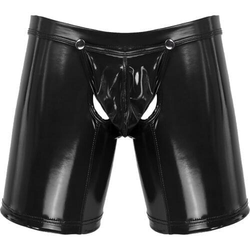 Lingerie Patent Leather Open Butt Underwear Mens Male Erotic Sexy Underpants Wet Look Low Rise Boxer Briefs Bulge Pouch Shorts
