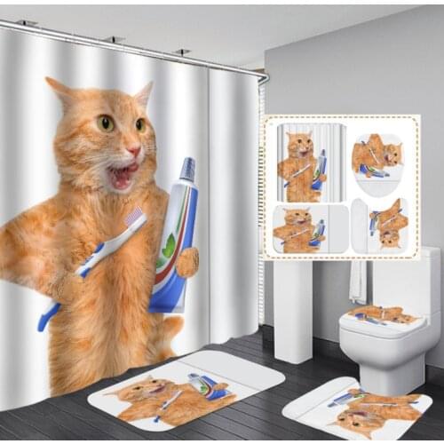 New Pattern Lovely Cat Bathroom Decoration Waterproof Shower Curtain Bath Mat Pedestal Rug Lid Toilet Cover Bathroom 4pcs