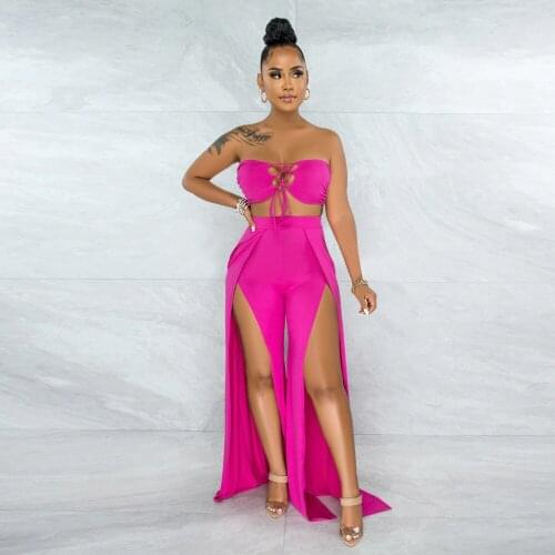 2021Summer Woman New Sexy Tube Top Strap Top with Fashionable Split Wide-Leg Trousers Sexy Fashion Mesh High Waist Suit Twopiece