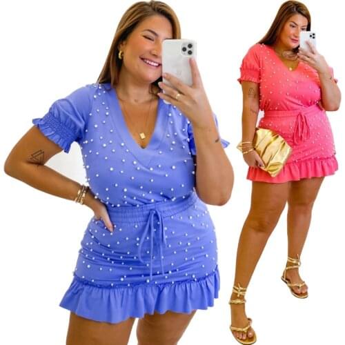 Charming Women Sexy Beading Two Pieces 2021 Summer New Plus Size Deep V-neck T-Shirts + Lace-up Ruffles Bodycon Mini Skirts Sets