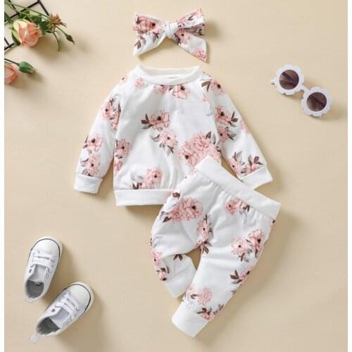 3Pcs Kids Girls Autumn Tracksuit, Flower Print Round-Neck Long Sleeves Pullover + Pants + Hairband for Girls, 0-2 Years