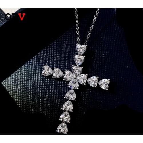 OEVAS 100% 925 Sterling Silver Sparkling Full 5*5mm Heart High Carbon Diamond Cross Pendant Necklace Women Party Fine Jewelry