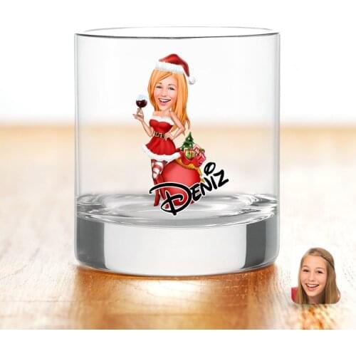 Personalized Colorful Printed Women 'S New Year Caricature Of Whisky Bardağı-1 Gift Special Design Handmade Goblet Name written