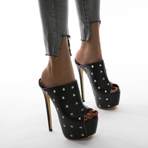Sexy Women Sandals Platform Rivet One-word Super High Stiletto Large Size Nightclub Party Slippers