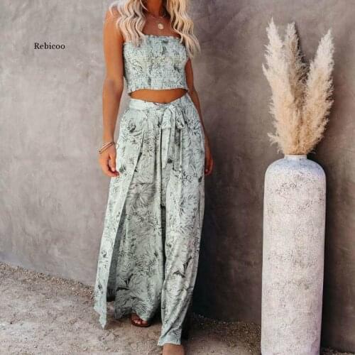 Sexy 2 Pieces Sets Blue Printing Beachwear Women Floral Clothes Sets Tank Top Wide Leg Pants Outwear Beach Cover Up