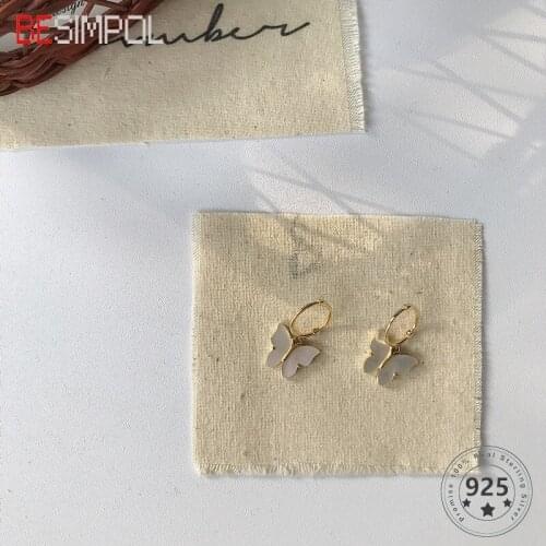 Besimpol Delicate Real 925 Sterling Silver Stud Earrings White Jade Butterfly Earrings For Women Simple Fine Jewelry Party Gifts