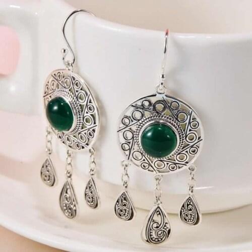 Pure S925 Sterling Silver Earrings Green Jadeite Ethnic style Hollow Dangle Earrings