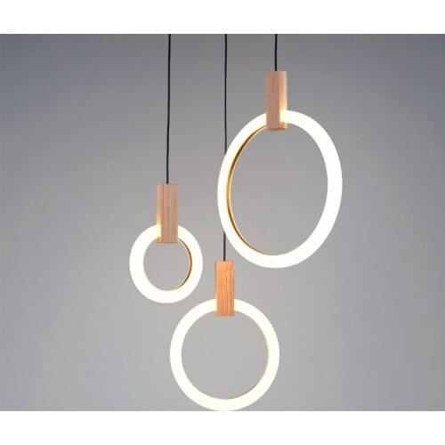 Modern LED Pendant lights living room Wooden suspended lamps Acrylic rings- fixtures stairs hanging lighting bedroom luminaires