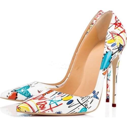 Sexy Graffiti Printed Stiletto Heel Pumps Pointed Toe 12 10 8cm Patchwork Shallow Wedding Dress Shoes Women Big Size 10